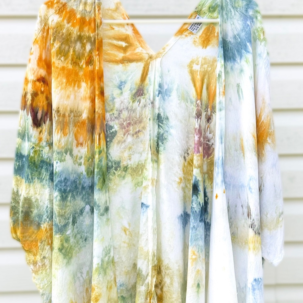 Hand Dyed Ice Dye Kimono Wrap Lightweight Cardigan Gold Green Watercolor Tie Dye